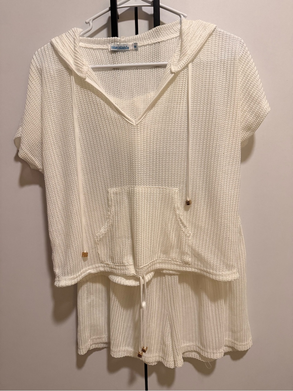 blue island Cream Knit Hooded Short Sleeve Top with Drawstring